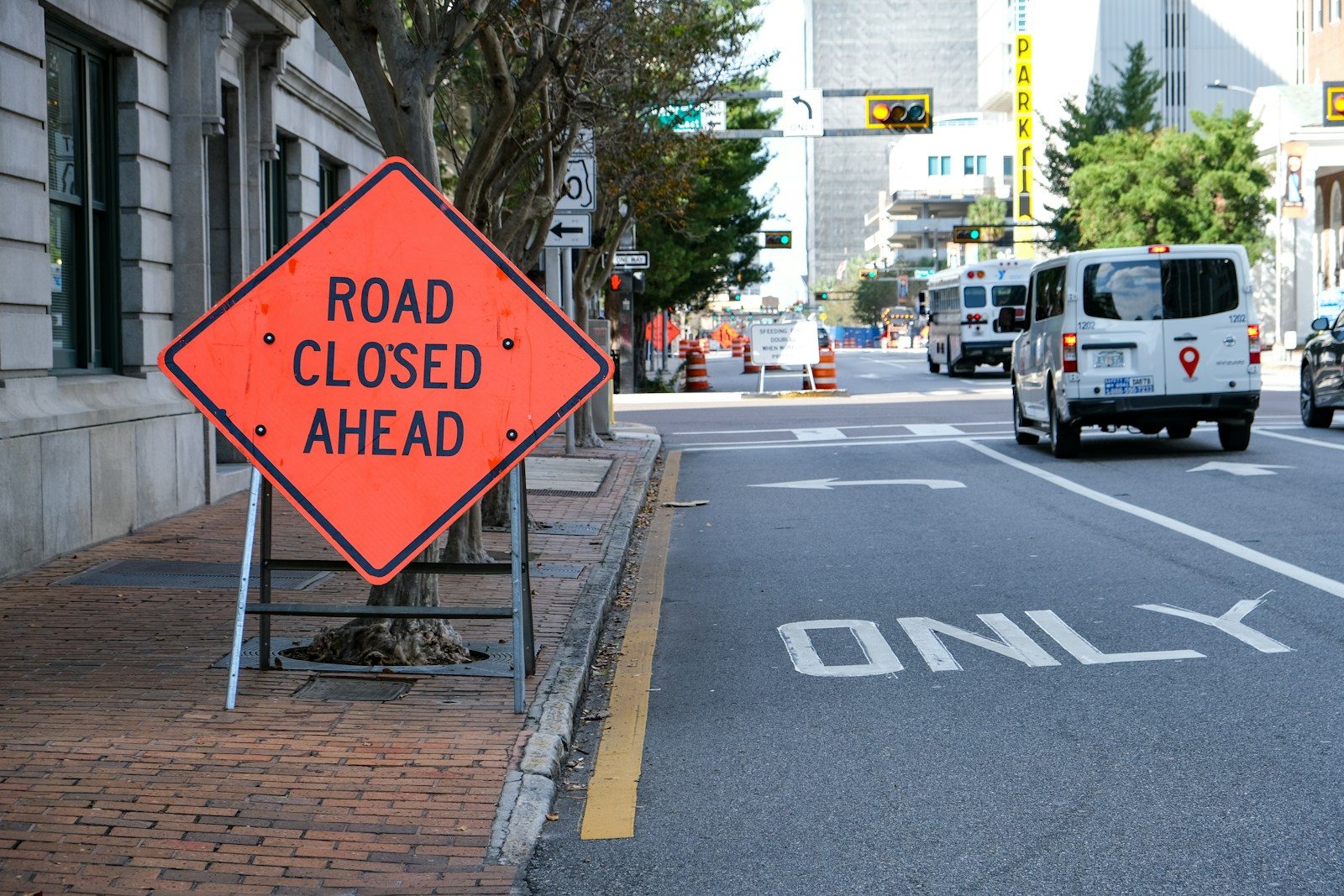 Road closed ahead sign on city street
